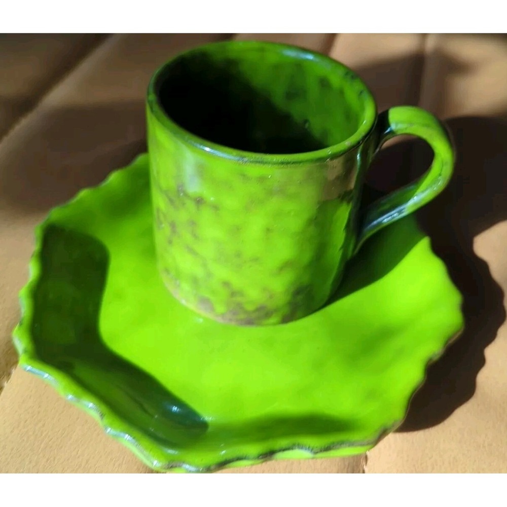 Peasant Valley Italy Cup And Saucer Set‎ Green 1960's Handmade Pottery Numbered